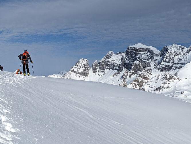 skier looking at Freshfield mountain on snow (photo Janine Buckley)