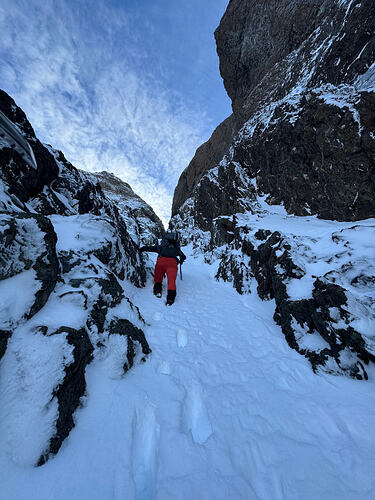 Ascending the main gully