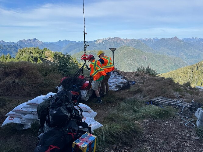 Two people, Martin and John, unhooking the cargo net up at the hut.